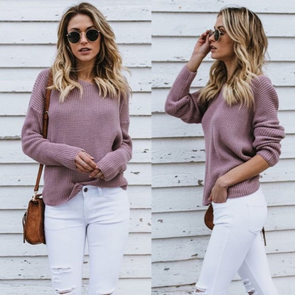 NEW (M & L) Purple Sweater V Neck Open w/ Bow - Picture 4 of 7